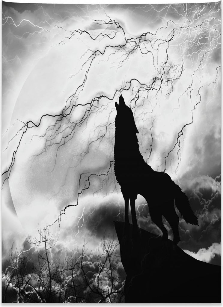 Abakuhaus Wolf Wandteppich, Heulen unter Vollmond aus Weiches Mikrofaser Stoff Kein Verblassen Klare Farben Waschbar, 110 x 150 cm, Weiß Schwarz u...