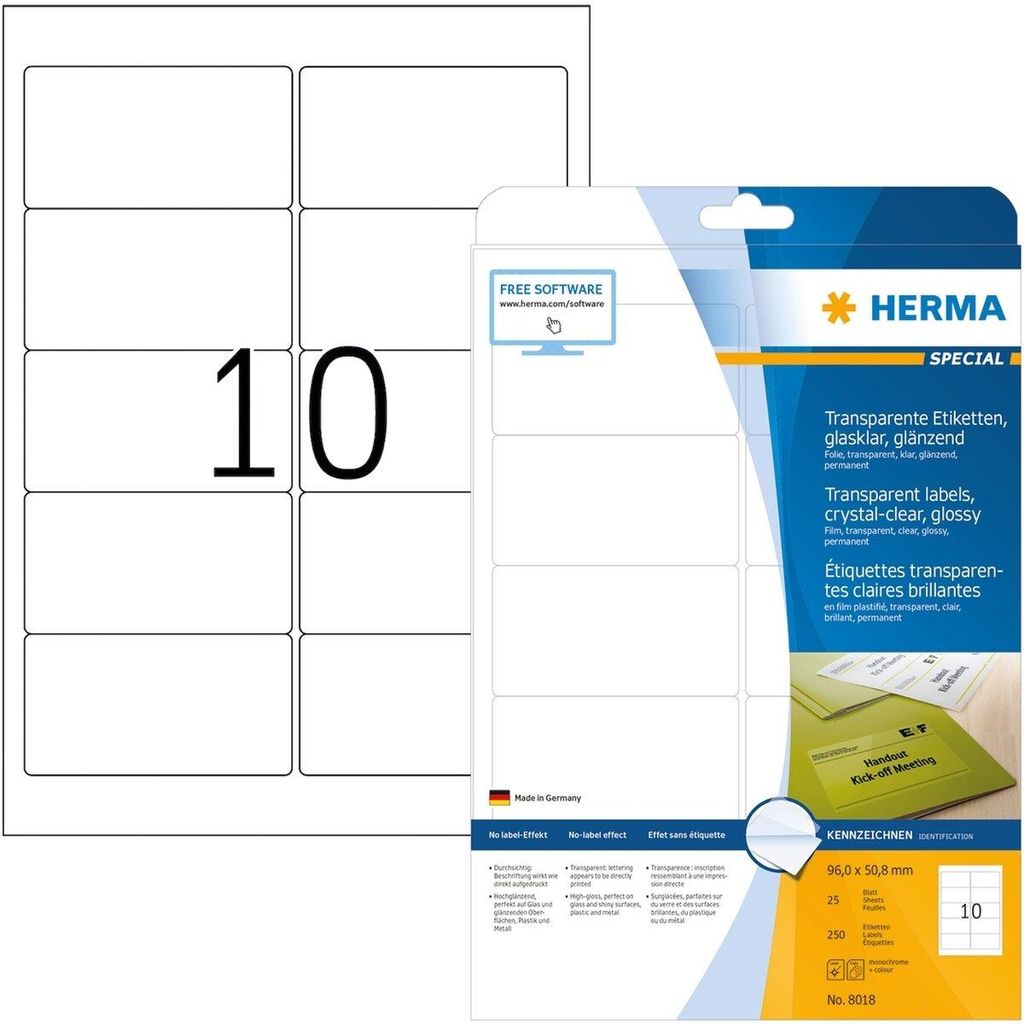 Etiketten transparent glasklar A4 96x50,8 mm transparent klar Folie glänzend 250 St.