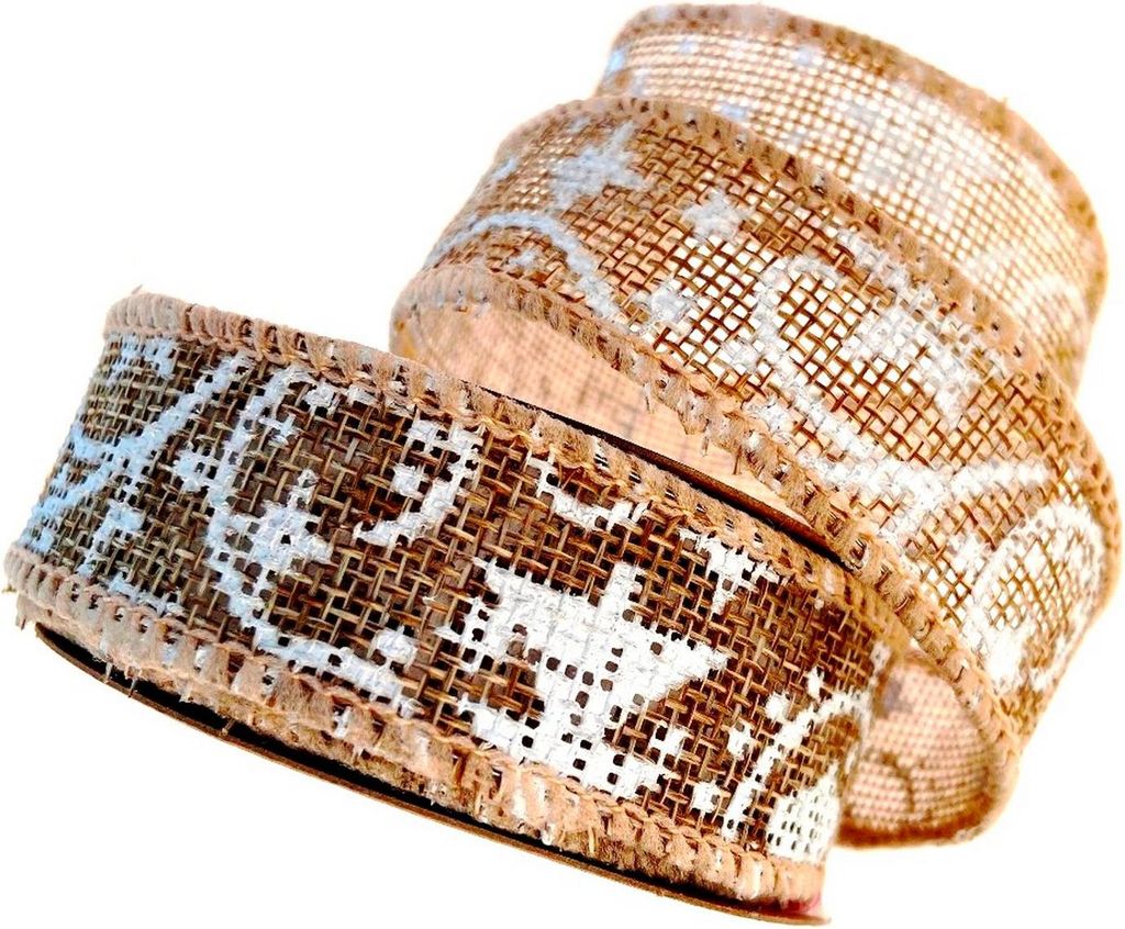 Weihnachtliches Leinenstrukturband "Stern & Ranke" - beige-weiß - 25mm - 10m - 77106-25-10-03