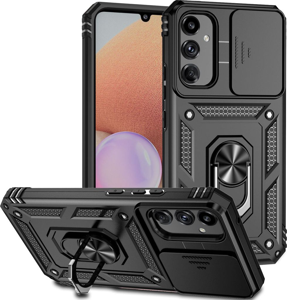 Galaxy A34 Hülle mit Schiebe Kamera Schutz und Ringhalter Ständer Schutzhülle für Samsung Galaxy A34 Schwarz