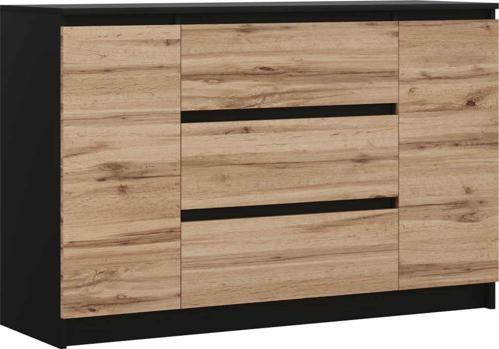 A front view of a wooden and black sideboard with two doors and three drawers, presented on a white background.