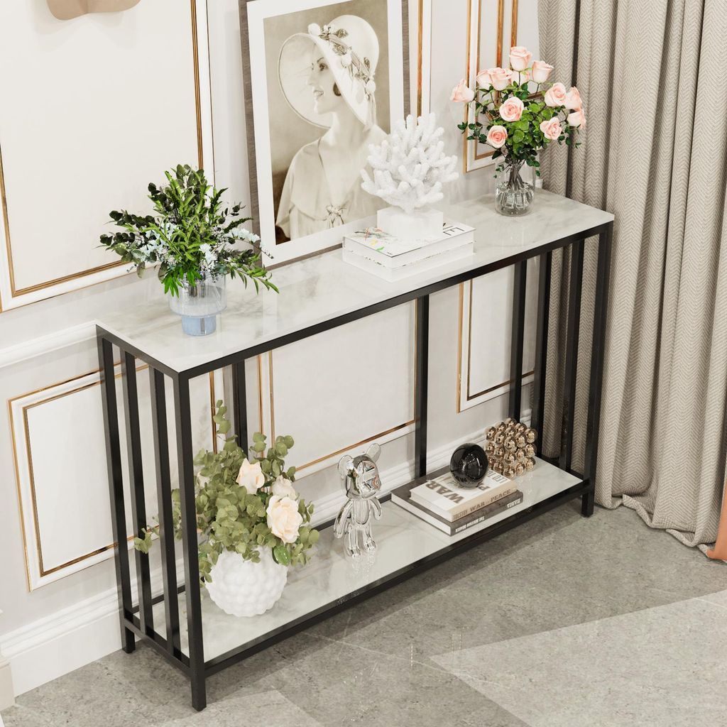 FATIVO Konsolentisch Marmor Eingangstisch Weiß Flurtisch 2-Ablagen, Schmaler Flur- und Beistelltisch, Modern für Wohnzimmer & Eingang120×30×78CM