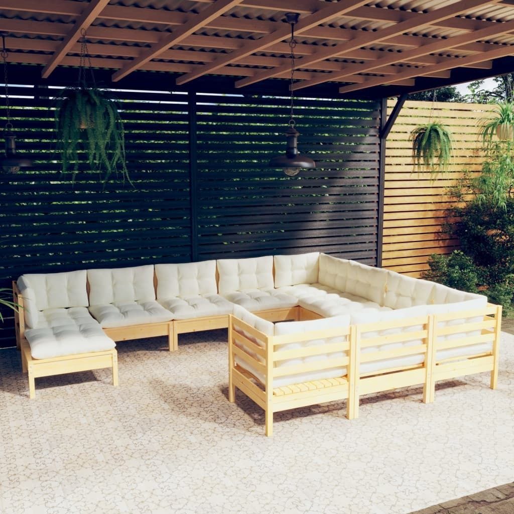 Möbel 11-tlg. Garten-Lounge-Set mit Creme Kissen Kiefernholz - Gartenmöbelgarnituren 3097043