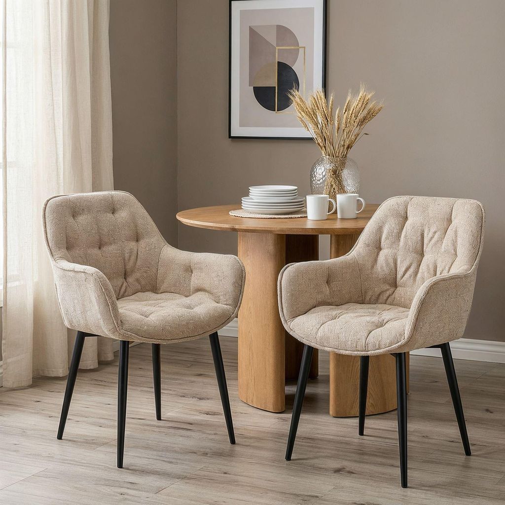 ARDEN Esszimmerstühle 2er Set, Beige - Polsterstühle mit Armlehnen, Küchenstühle mit Metallgestell ideal für Esszimmer, Küche und Wohnbereich...