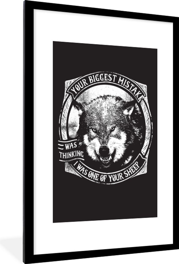 MuchoWow MuchoWow Gerahmtes Poster Wolf - Retro - Schwarz - Weiß 60x90 cm - Poster mit zchwarzem Bilderrahmen - Dekoration - Wandposter Wohnzi...