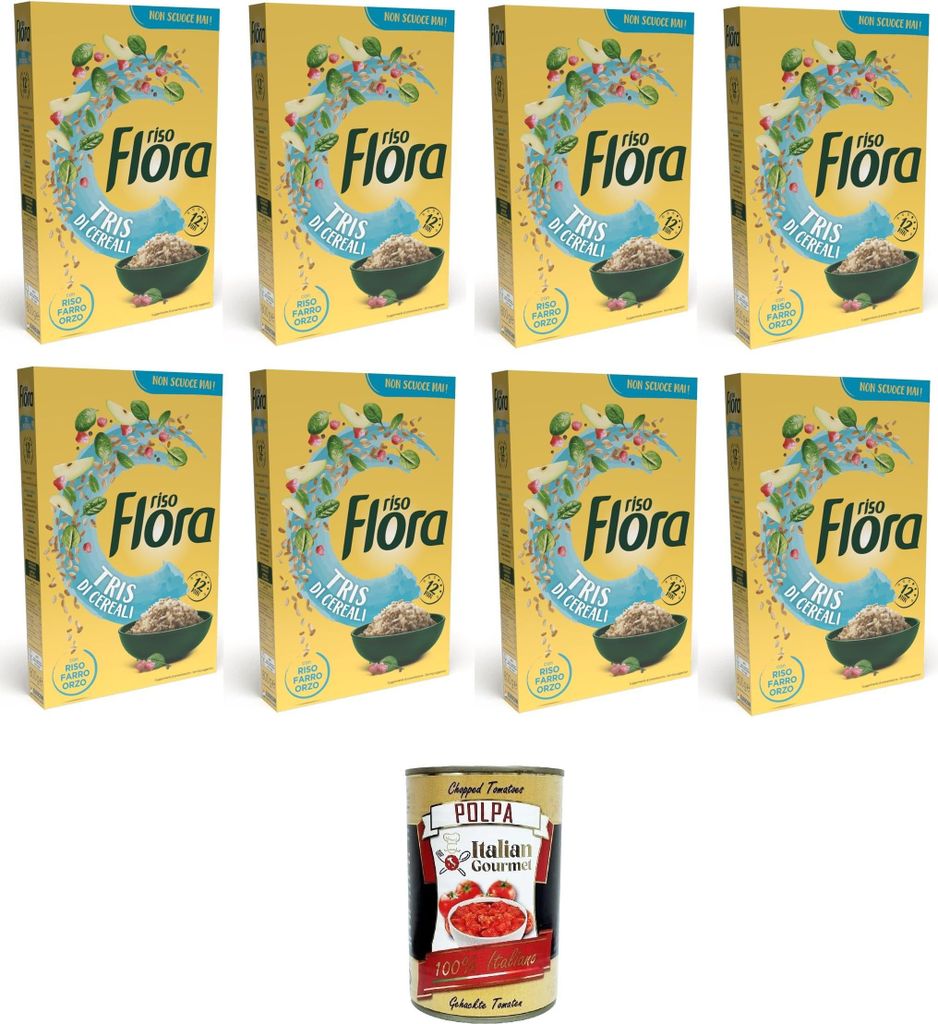 Flora Riso Tre Cereali Riso,Orzo,Farro Drei Getreidereis, Gerste, Dinkel 8x800gr + Italian Gourmet polpa 400g