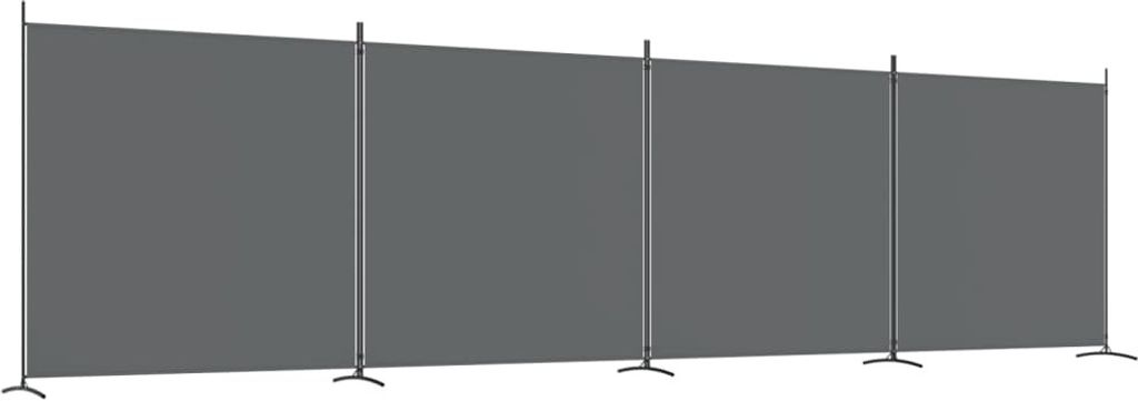 A long, gray privacy screen with four panels, supported by metal poles on stands.