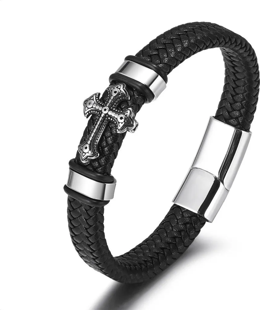 Bracciale Uomo Croce Acciaio Inox 316L 21cm Pelle - Design Essenziale