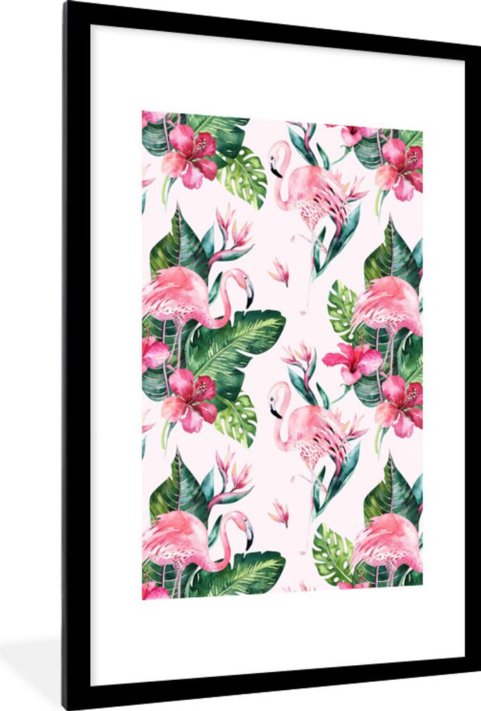 MuchoWow MuchoWow Gerahmtes Poster Muster - Flamingo - Rosa 60x90 cm - Poster mit zchwarzem Bilderrahmen - Dekoration - Wandposter Wohnzimmer -...