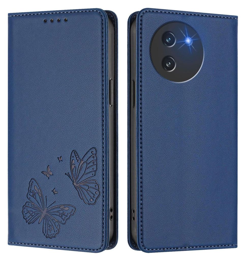 Lederhülle für Doogee Note 59 /Note 59 Pro, Schmetterling Prägung Leder Brieftasche Schutzhülle mit Ständer Dunkelblau