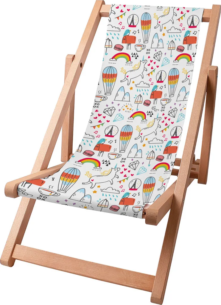 Sdraio per bambini Dreamroots pieghevole in legno fino a 130 kg, sdraio pieghevole con regolazione dell'inclinazione dello schienale in 3 fasi, Rainbow Unicorns
