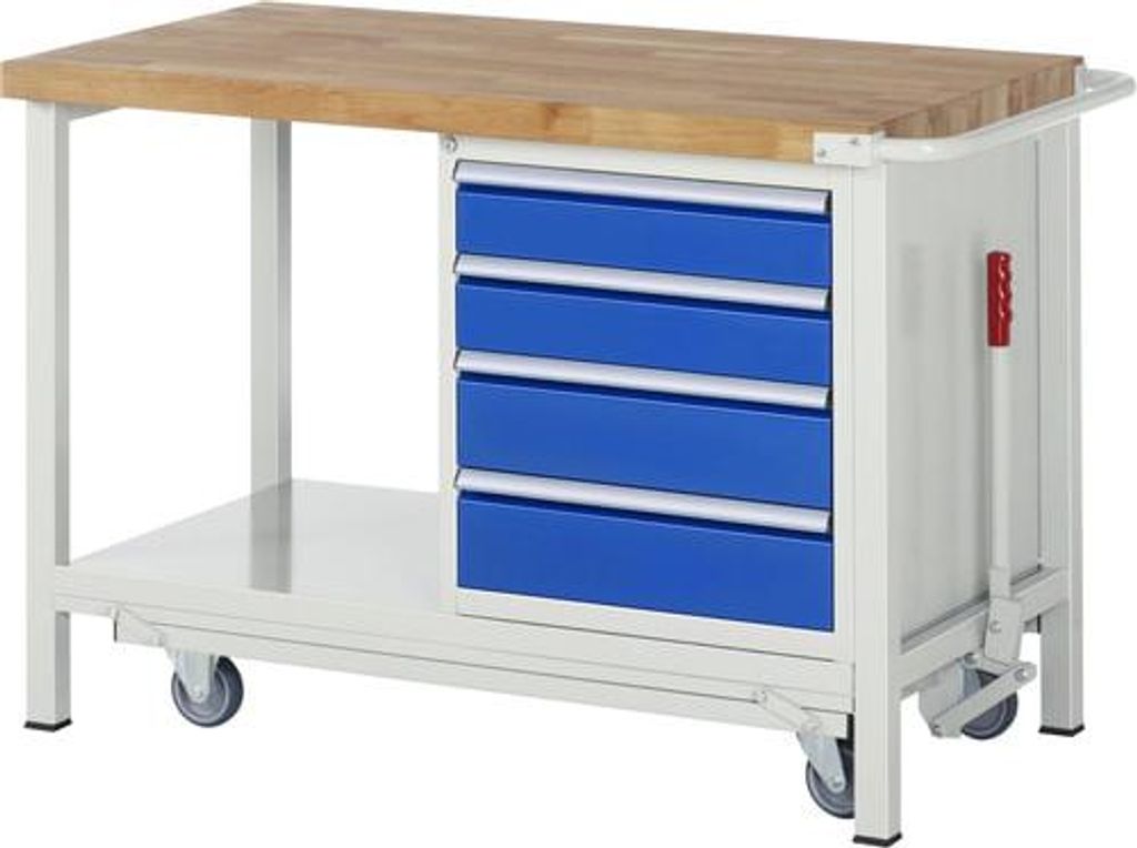 Mobile absenkbare Werkbank, Ablageboden, 4 Schubladen - Teilauszug - 120:2 / 150:2 - 880 x 1.250 x 700 mm (HxBxT) - Traglast 1.250 kg - Buche