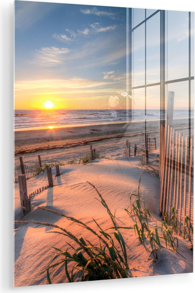 MuchoWow Glasbilder - Bilder auf Wandbild - Foto auf Glas Strand - Meer - Düne - Sonnenuntergang - Landschaft 30x40 cm Wanddekoration aus Glas - A...