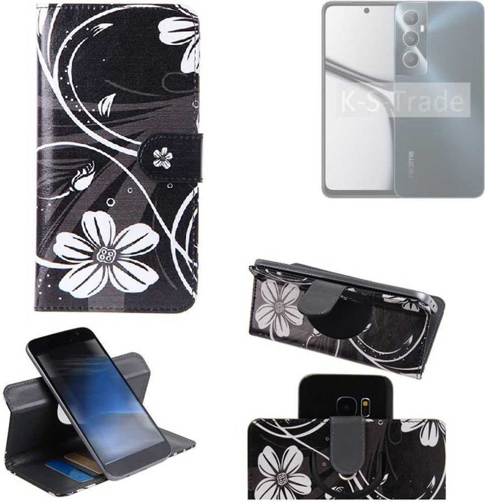 K-S-Trade Schutzhülle Handyhülle kompatibel mit Realme C65 Hülle 360° Wallet Case “Flowers“ Klapphülle Hülle schwarz-weiß 1x