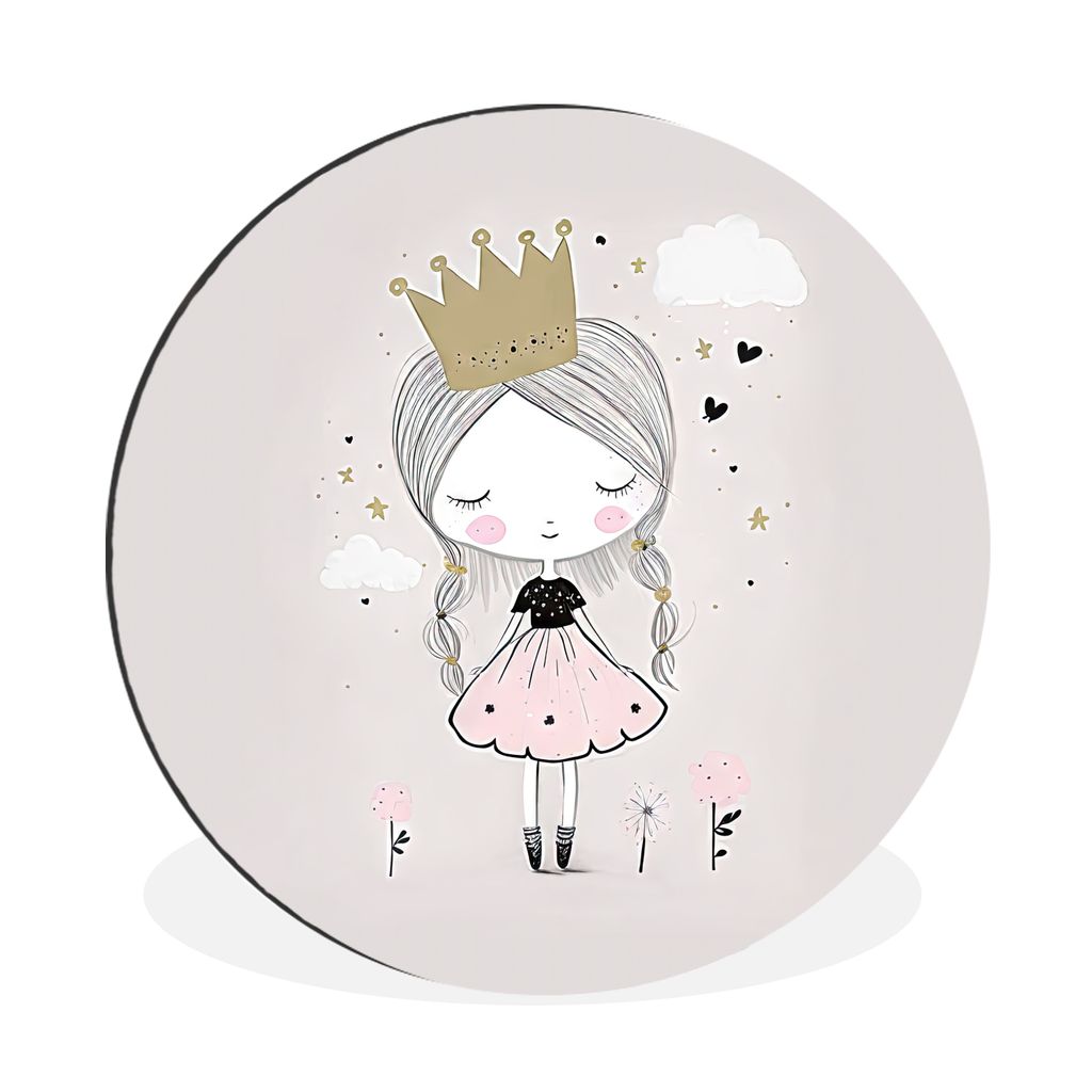 MuchoWow Aluminium Wandkreis Prinzessin - Blumen - Krone - Mädchen - Sterne Ø 30 cm Wanddeko Modern Wohnzimmer - Wand Bild - Wohnzimmer - Runde...
