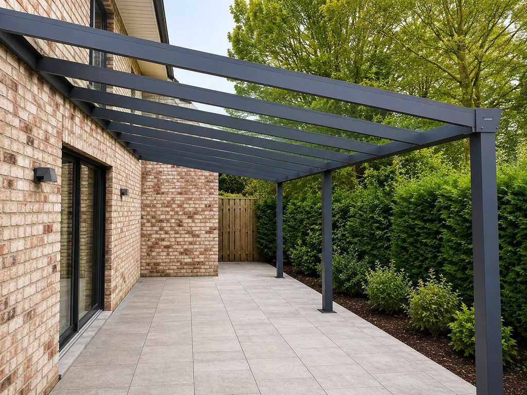 Aluminium Terrassenüberdachung Barcelona Anthrazit mit Glas Produktbild  KI-generiertes Bild