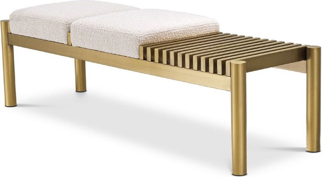 Casa Padrino Luxus Sitzbank Creme / Messing 140 x 44 x H. 45 cm - Gepolsterte Edelstahl Bank - Wohnzimmer Möbel - Hotel Möbel - Luxus Kollektion