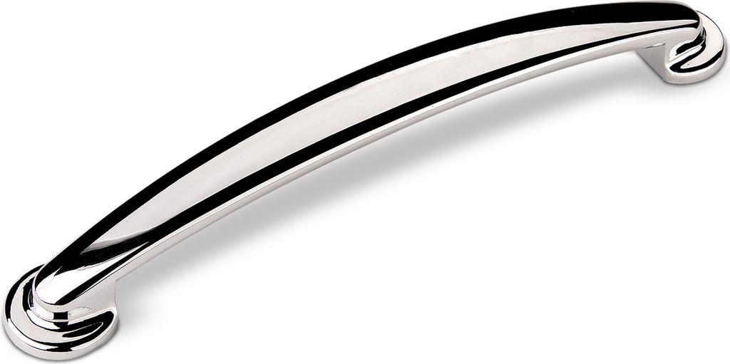 A single polished silver cabinet handle on a white background.