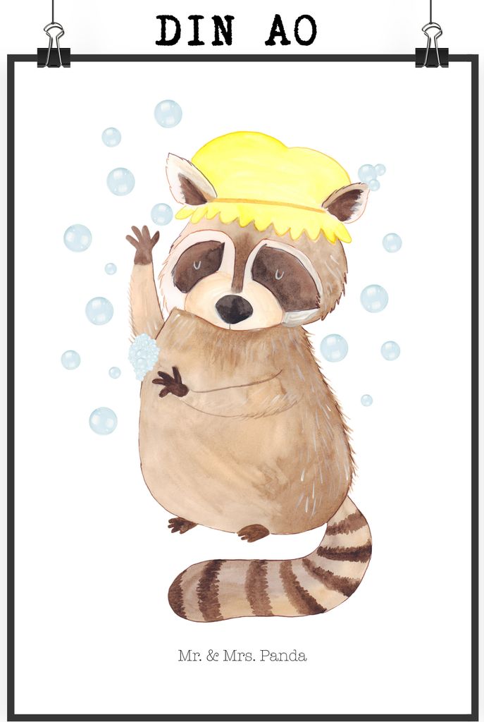 Mr. & Mrs. Panda Bild Waschbär DIN A0 - Weiß - Geschenk, Wanddekoration, Lustige Sprüche, Waschen, drucke, Plan, Fröhlich, Wandschmuck, Seifenb...