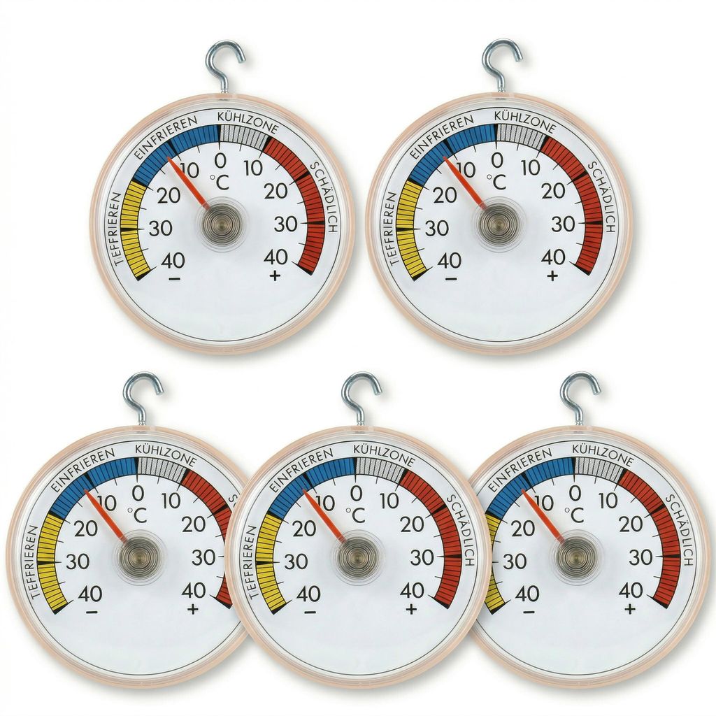 5 Stück Kühlschrankthermometer Set mit Haken und Selbstklebend Temperatur + - 40°C Analog Thermometer für Gefrierschrank Kühltheke Gefriertruhe