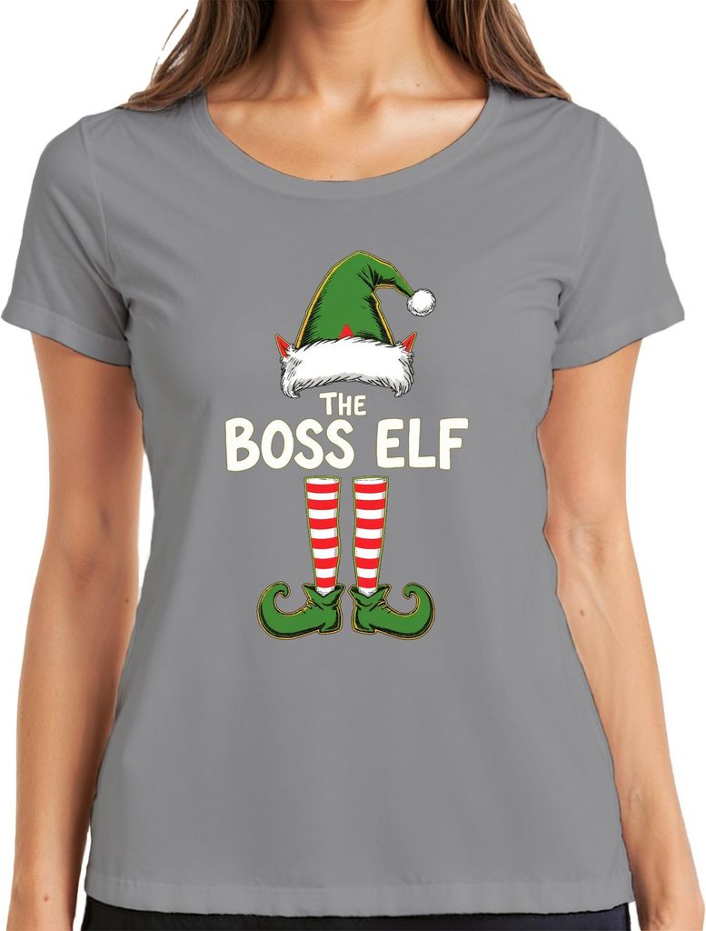 THE BOSS ELF Weihnachtswichtel Weihnachtshut Elfenstiefel Humor Damen T-Shirt, Grau, XL