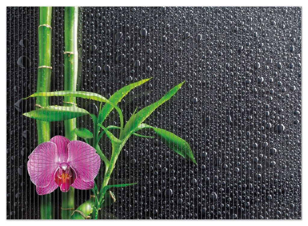 Wallario Duschmatte Antirutschmatte Badmatte Fußmatte Bambus und pinke Orchidee auf schwarzem Glas mit Regentropfen, Größe ca. 90 x 65 cm