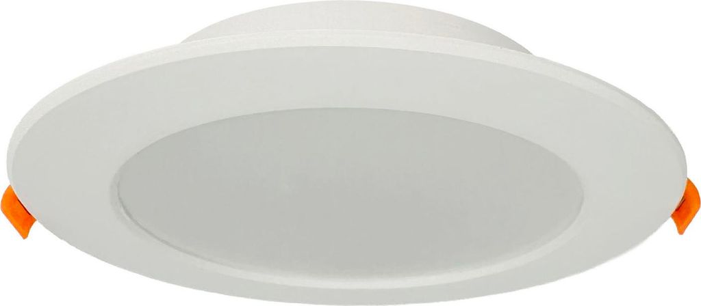 A white recessed LED ceiling light with orange clips on the side.
