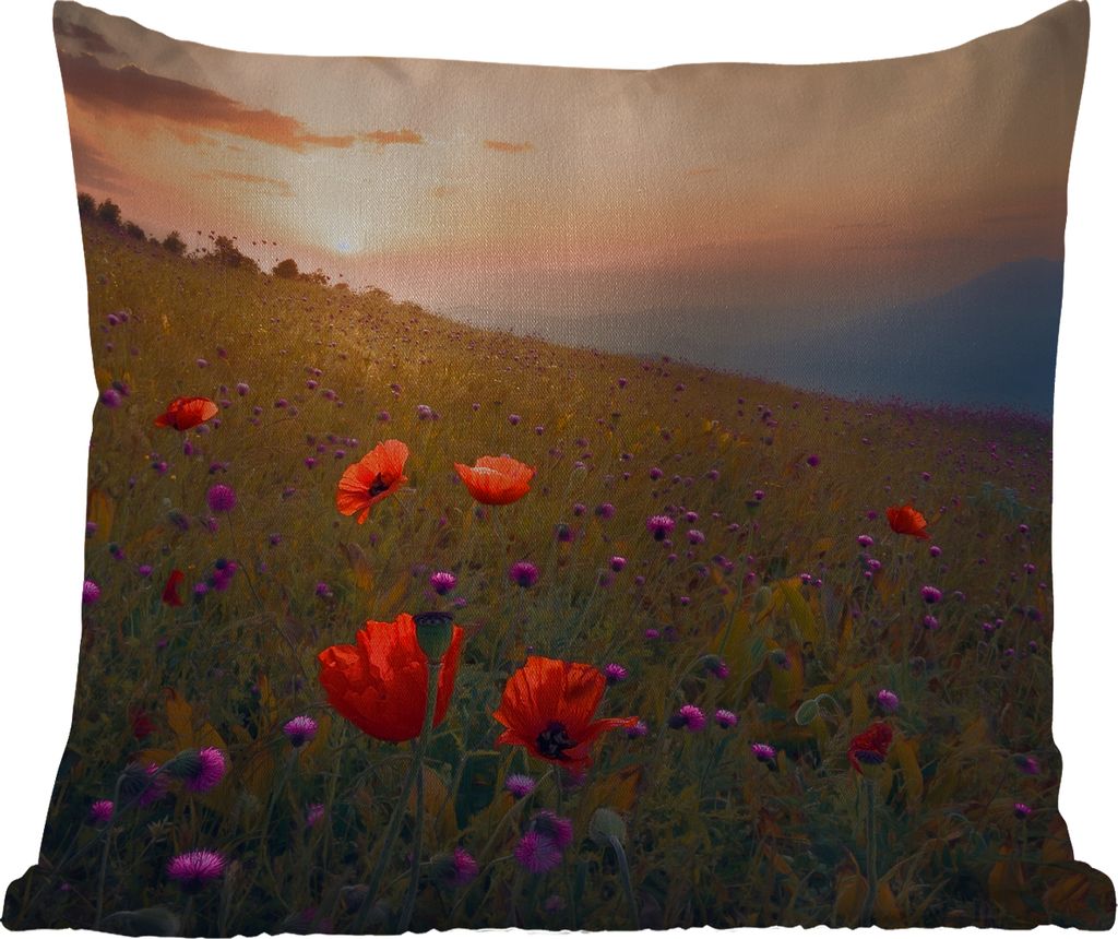 MuchoWow Outdoor Kissen - Blumenfeld - Gras - Pflanzen - Sonnenuntergang - Orange - 45x45 cm - Wetterfest - Lounge Kissen - Fotokissen - Dekorati...