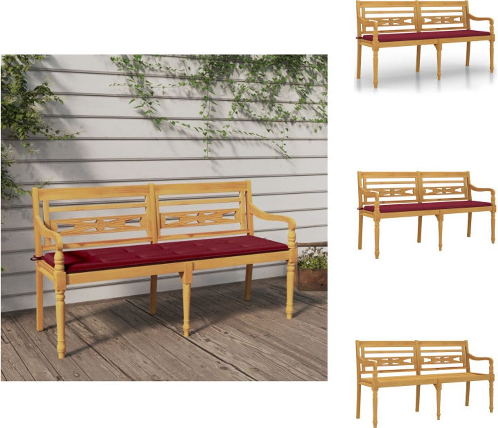 vidaXL Batavia-Bank mit Weinrotem Kissen 150 cm Massivholz Teak - Gartenbänke