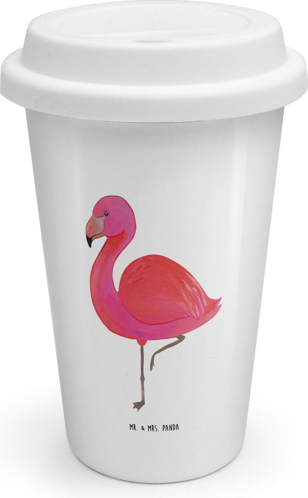 Mr. & Mrs. Panda Thermobecher Flamingo Classic - Weiß - Geschenk, Rosa, Spruch, Coffee To Go Becher, Ich, Mehrwegbecher, Kaffeebecher, Tochter, Pr...
