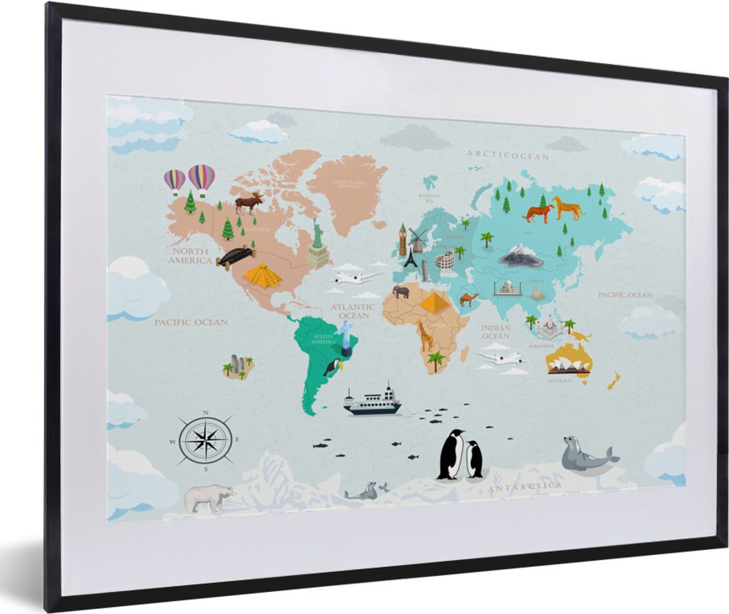 MuchoWow MuchoWow Gerahmtes Poster Weltkarte Kinder - Symbole - Kompass 60x40 cm - Poster mit zchwarzem Bilderrahmen - Schlafzimmer - Plakat in...