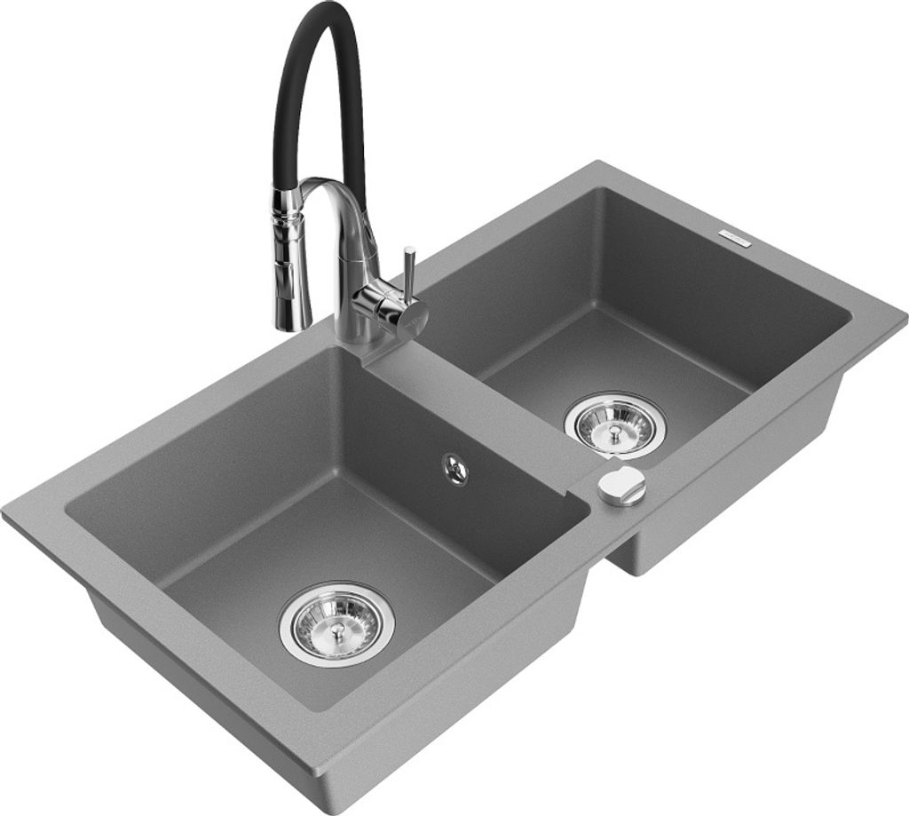 Mexen Mario 2-Becken-Granitspüle mit Mischbatterie Aster, Grau - 6504-71-73450-07