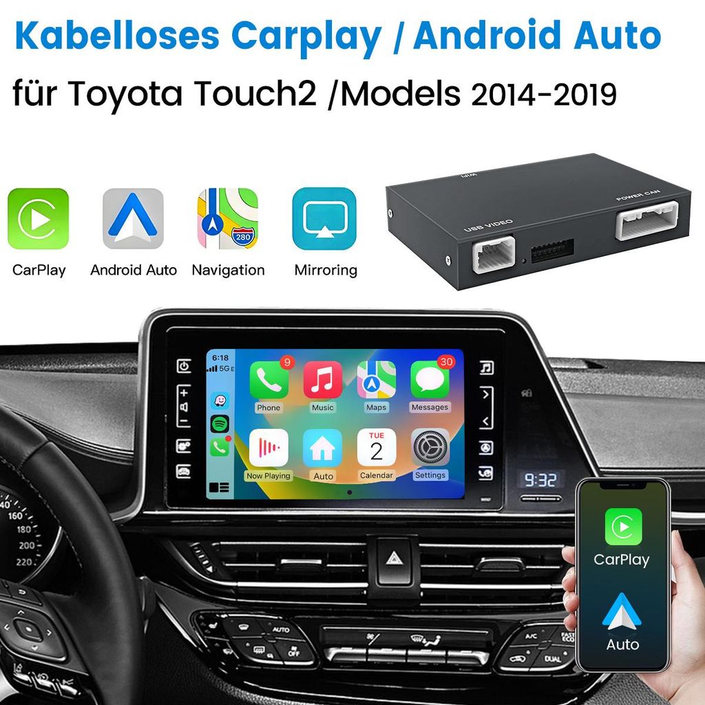 Drahtloser CarPlay Android Auto-Box für TOYOTA CHR Corolla Camry Auris Prius RAV4 Avensis Highlander Touch2 Entune 2.0