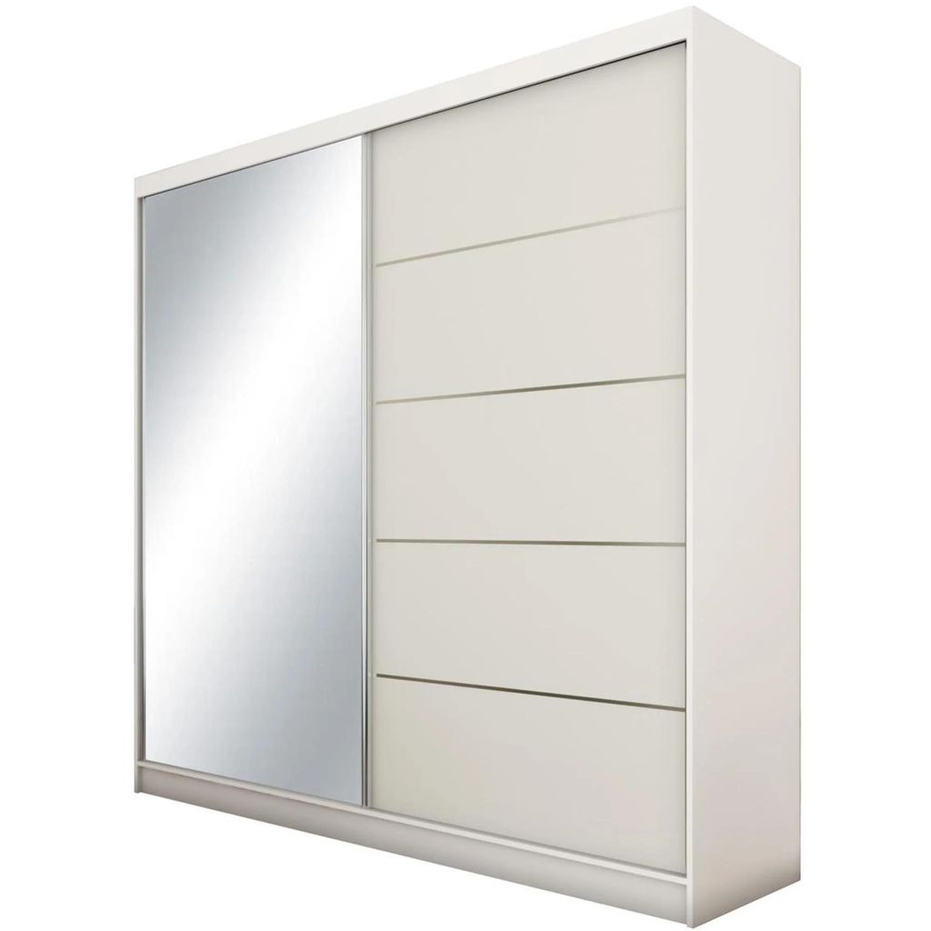 A white wardrobe with a mirrored door and drawers.