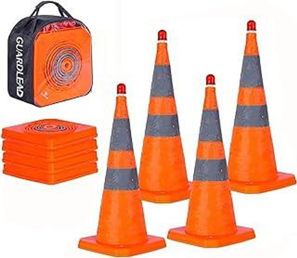 GUARDLEAD Warnkegel 4er Set, 70cm Reflektierender Verkehrskegel mit Warnleuchte, Orange Verkehrsleitkegel Pylone Faltbar, Faltbar Leitkegel für St...
