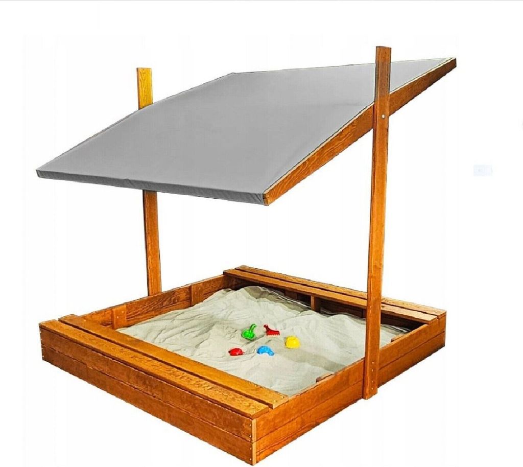 Sandkasten aus Holz mit Dach Abdeckung Imprägniert Kinder Sandbox Grau 10785