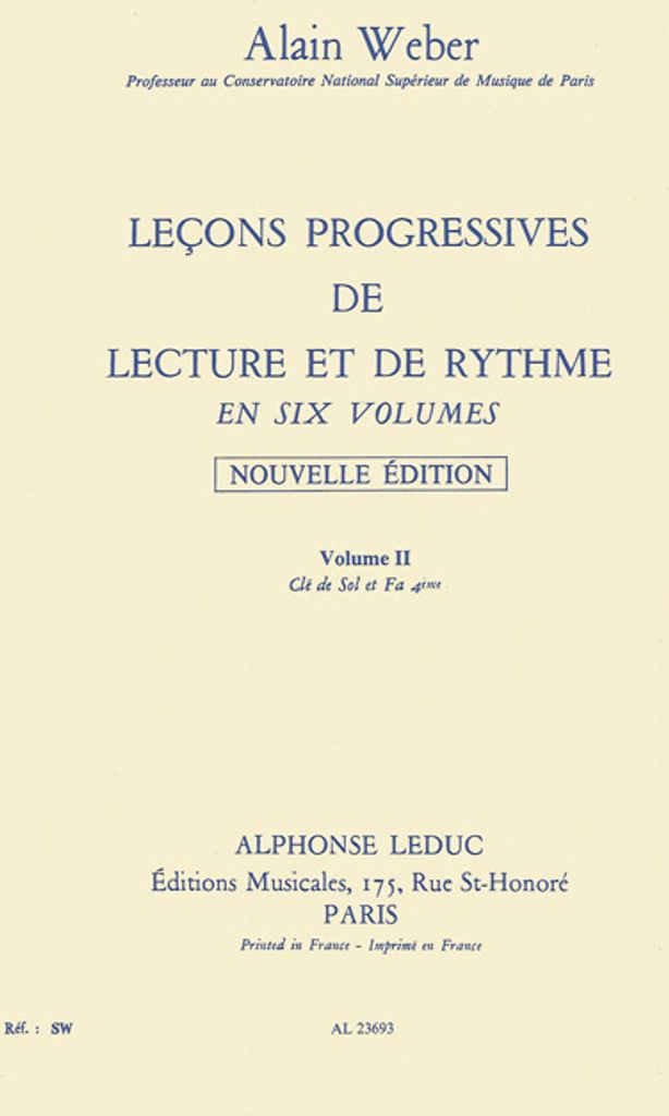 Lecons Progressives De Lecture Et De Rythme Vol.2 Cle De Sol Et Fa 4Eme