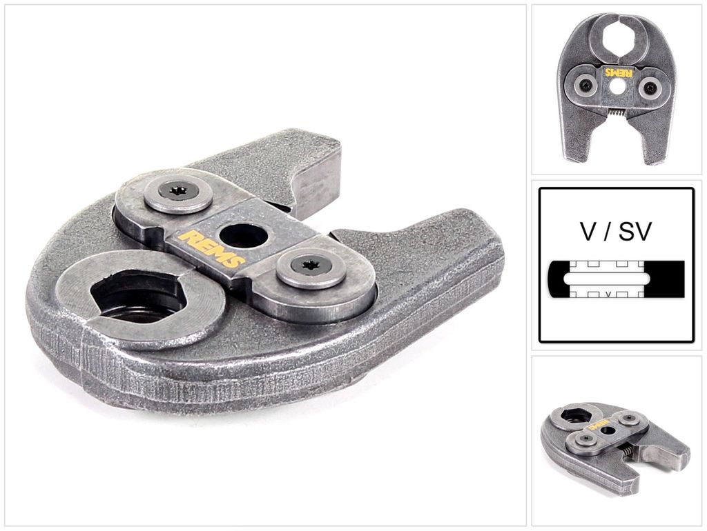 A close-up view of a metal tool with a yellow brand name. There are also smaller inset images showing the tool from different angles and a diagram.