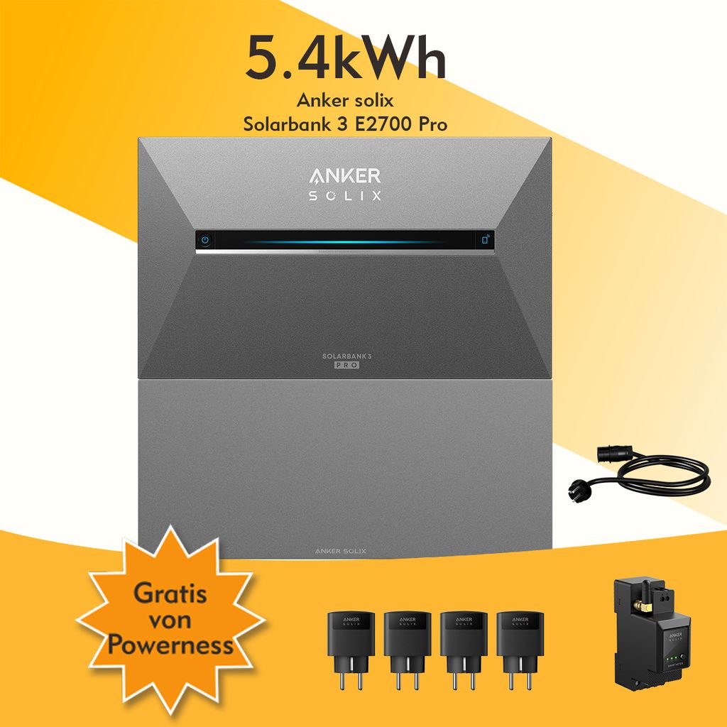 Balkonkraftwerk Speicher 5,4 kWh, Anker SOLIX Solarbank 3 E2700 Pro mit BP2700 Akku x1 inkl. Anker Smarten Zähler und Smart Plugs für Balkonkraft...