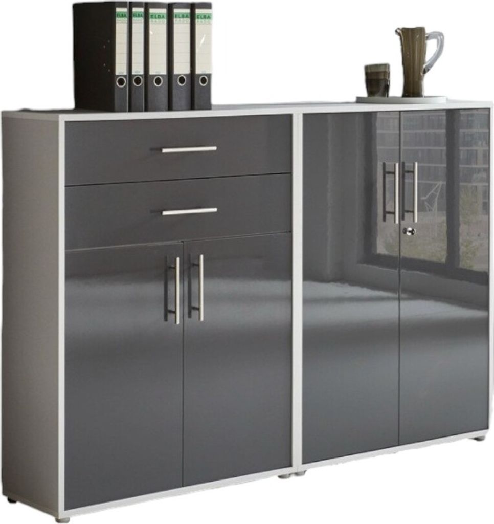 Aktenschrank TABOR 12 in lichtgrau / anthrazit Hochglanz, Schrankwand, Büroschrank, abschließbar, Metallgriffe