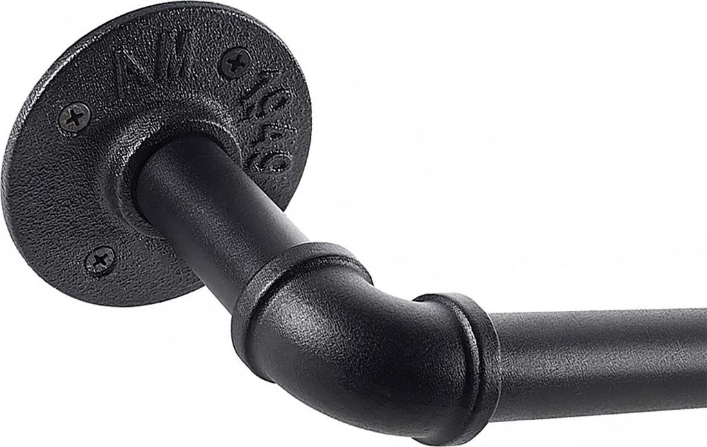 Close-up of a black metal pipe fitting and rod, likely part of a curtain rod or industrial pipework.