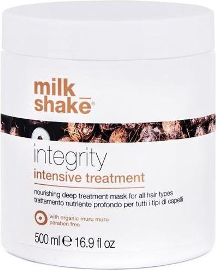 A white tub of Milk_Shake Integrity Intensive Treatment hair mask.