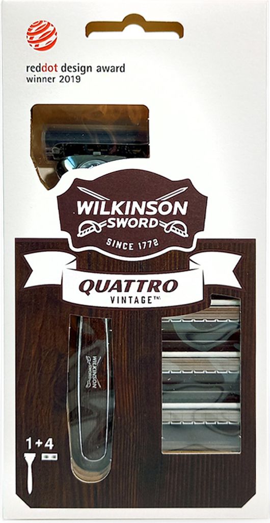 The image shows the packaging of a Wilkinson Sword Quattro Vintage razor with four replacement blades.
