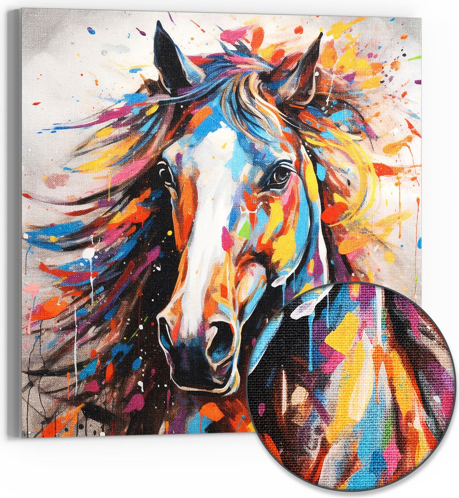 DEQOART Hybrid Leinwand Bild 30x30 cm 'Galopp in Farbenrausch' Wandbild Glas flach modern