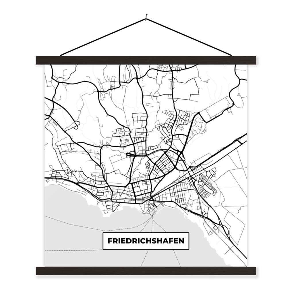MuchoWow Textilposter Karte - Friedrichshafen - Karte - Stadtplan 90x90 cm mit schwarzem Rahmen - Magnetisches