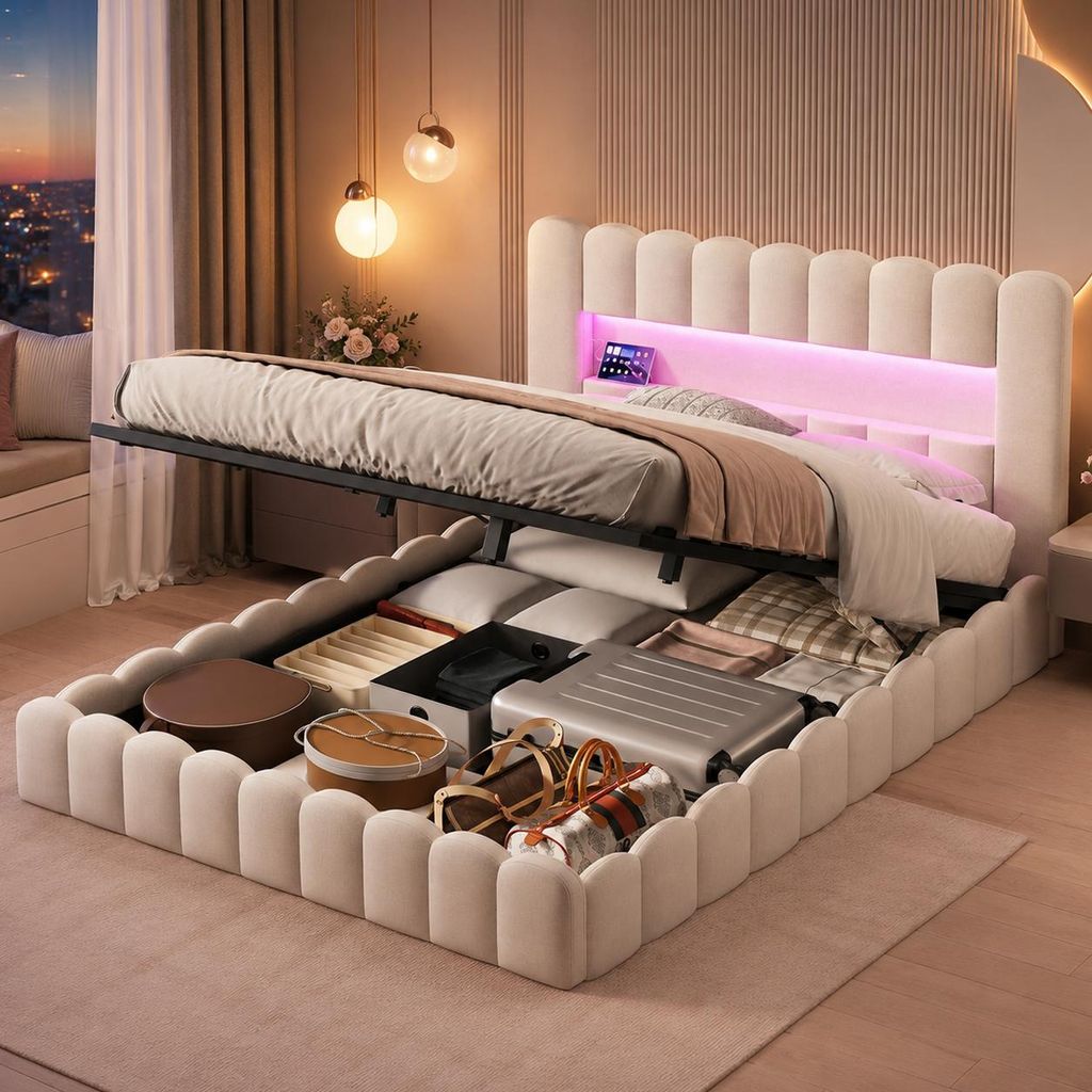 Letto imbottito INONEFT 160x200 cm con LED e porta USB di Immagine del prodotto 