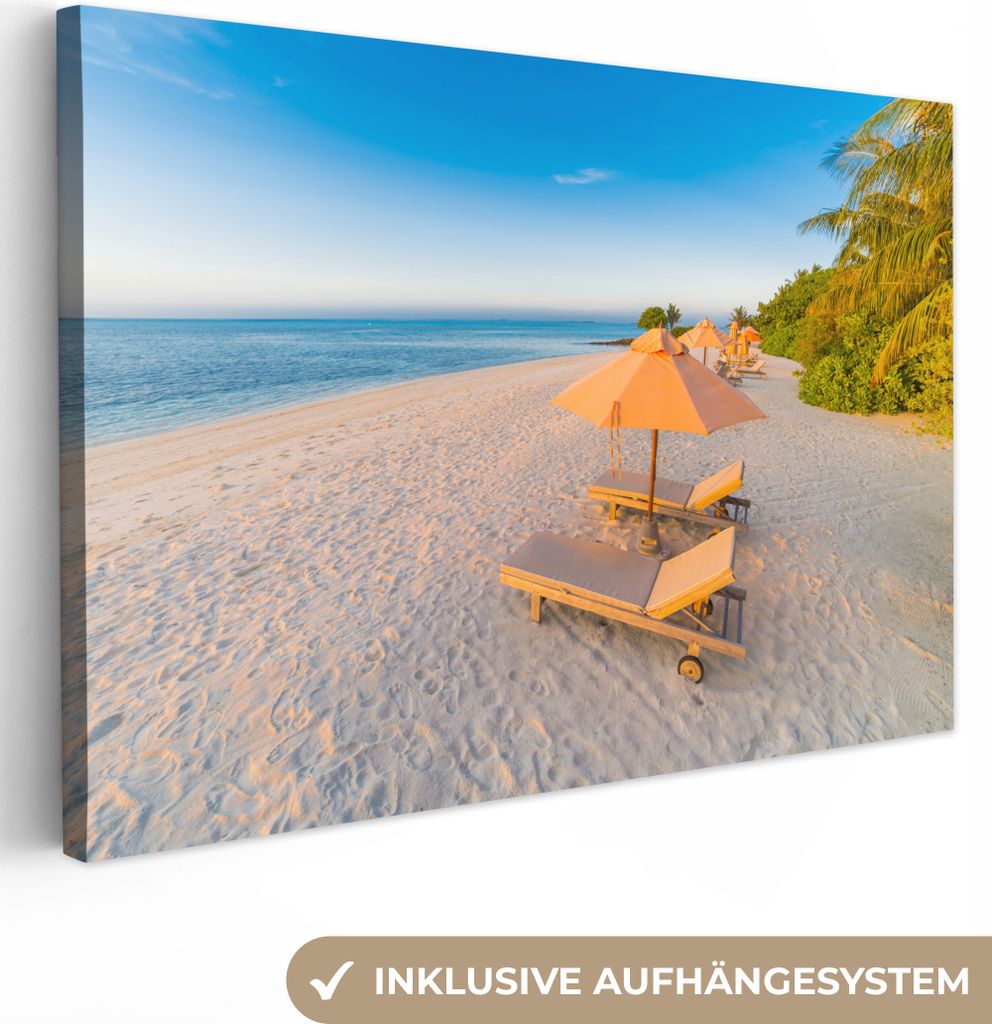 OneMillionCanvasses - Leinwandbilder - 150x100 cm, Karibischer Strand mit Strandkorb, Wandbilder Kunstdruck Wanddekoration