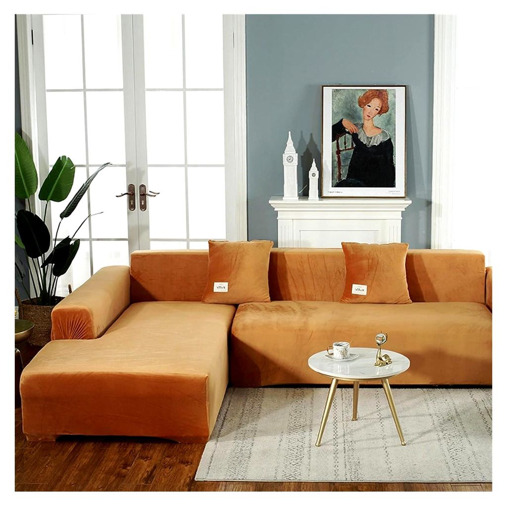Elastischer Sofabezug für L-förmige Sofas, Möbelschutz für 1/2/3/4-Sitzer, Stretch Sofa Chaise Abdeckung (3-Sitzer, Gold)