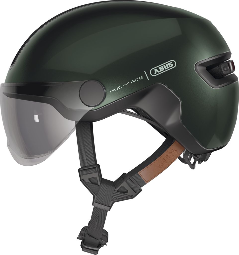 ABUS Stadthelm HUD-Y ACE - stylischer Fahrradhelm mit Visier und magnetischem, aufladbarem LED-Rücklicht - für Damen und Herren - Grün, Größe ...