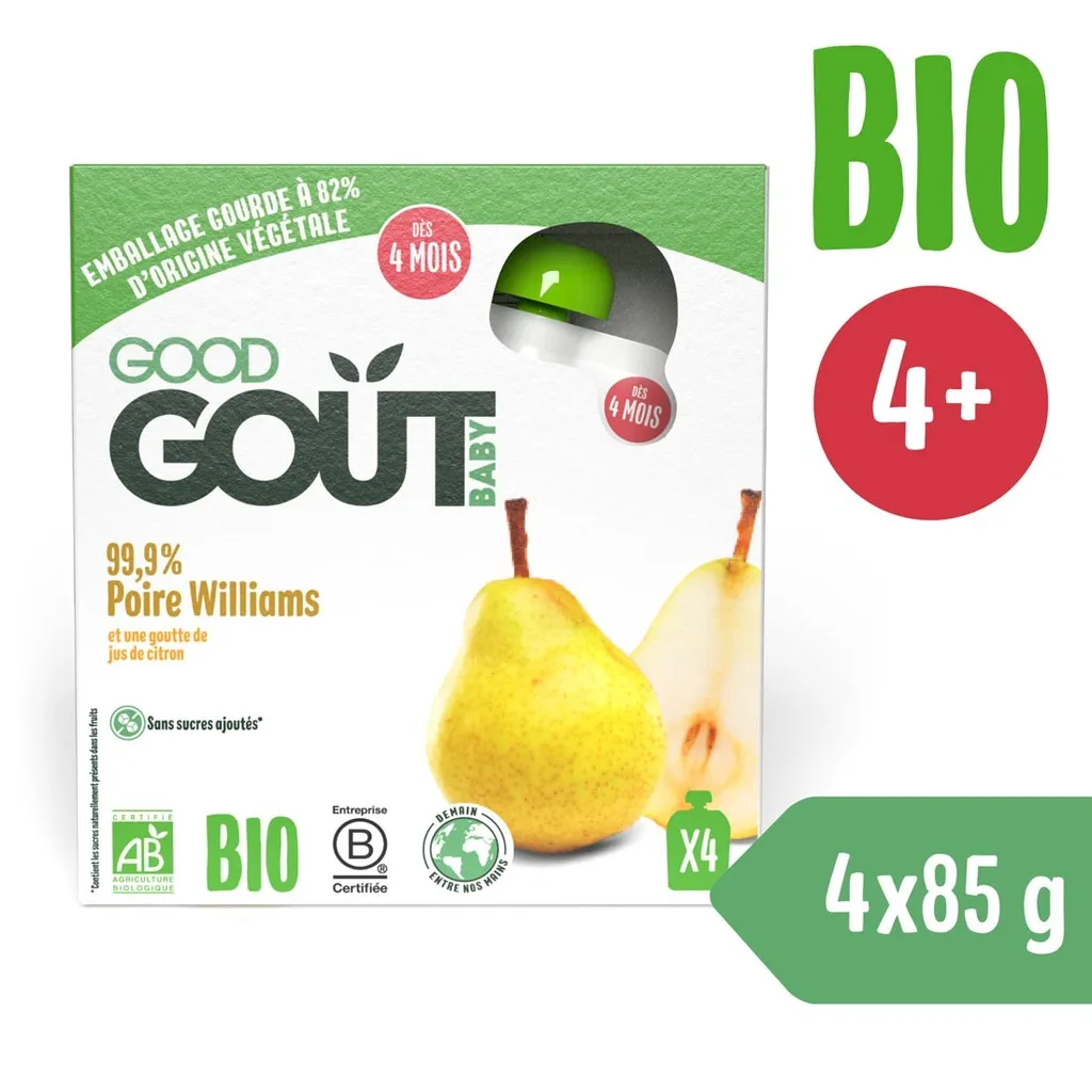 Purée de Poire pour Bébé Good Gout : Pack de 4 Gourdes de Fruits Bio